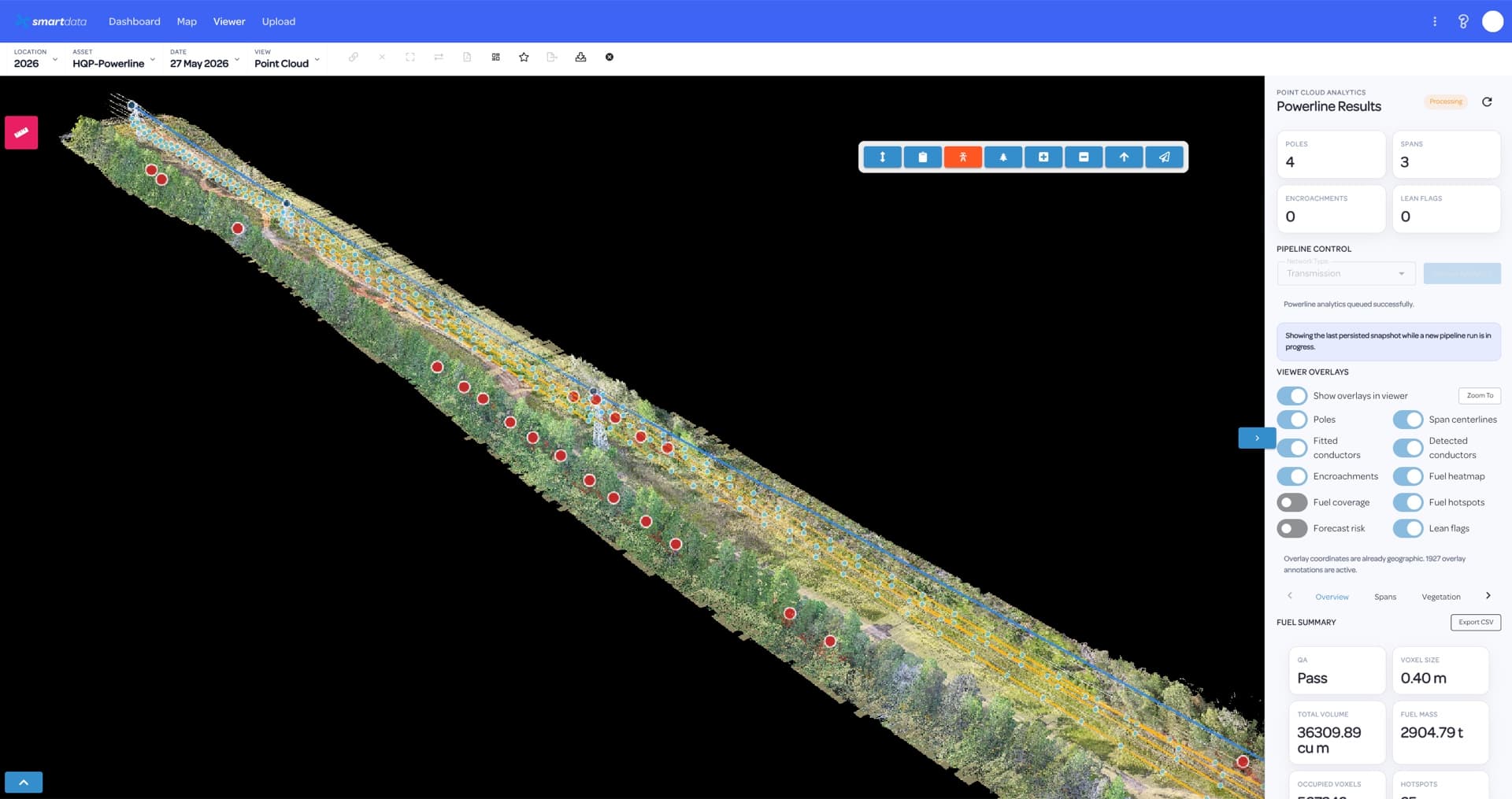 SmartData powerline point cloud analytics across a utility corridor
