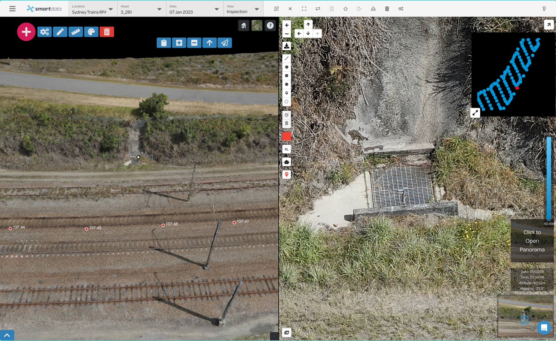 SmartData shows a rail corridor model beside a detailed source photograph of a culvert